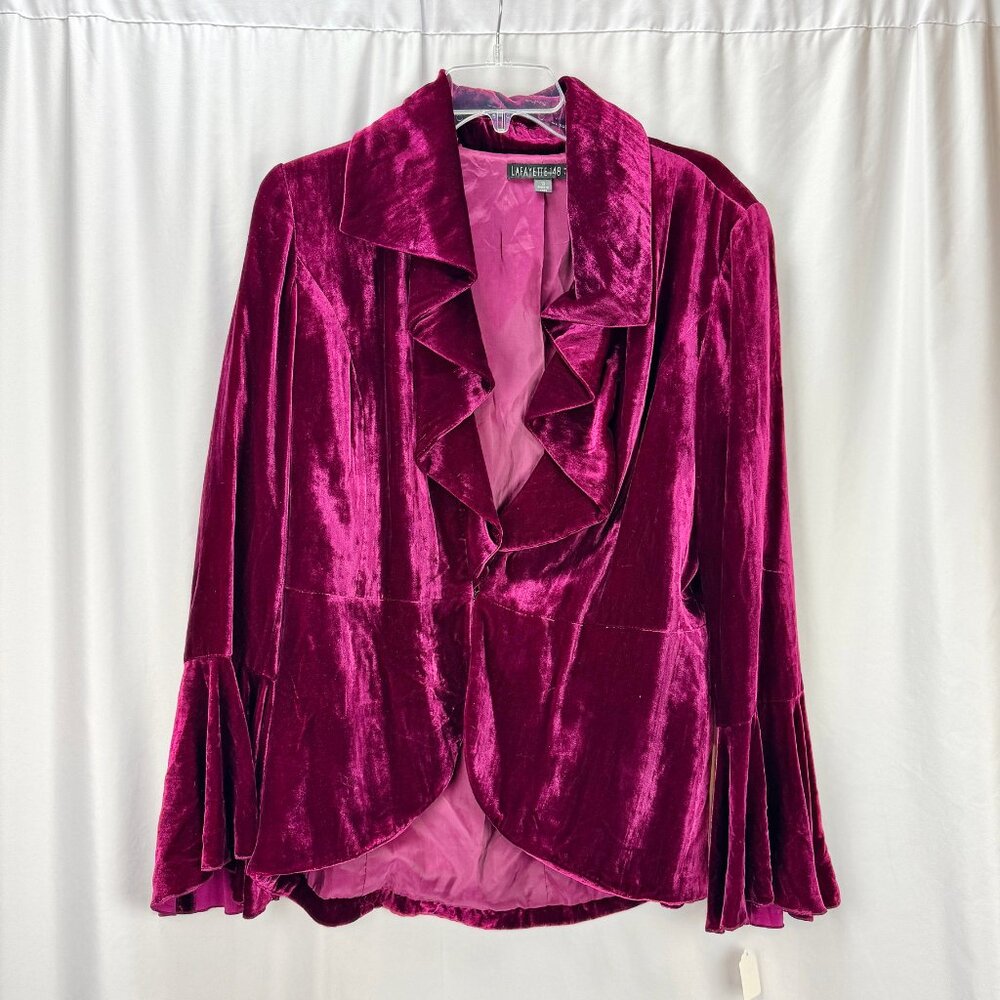 Lafayette 148 Velvet Blazer Jacket Silk Blend Size 10 Maroon Red Ruffle Lined